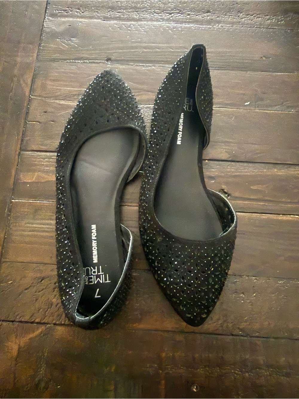 Time and Tru Black Embellished Pointed-Toe Flats - Memory Foam